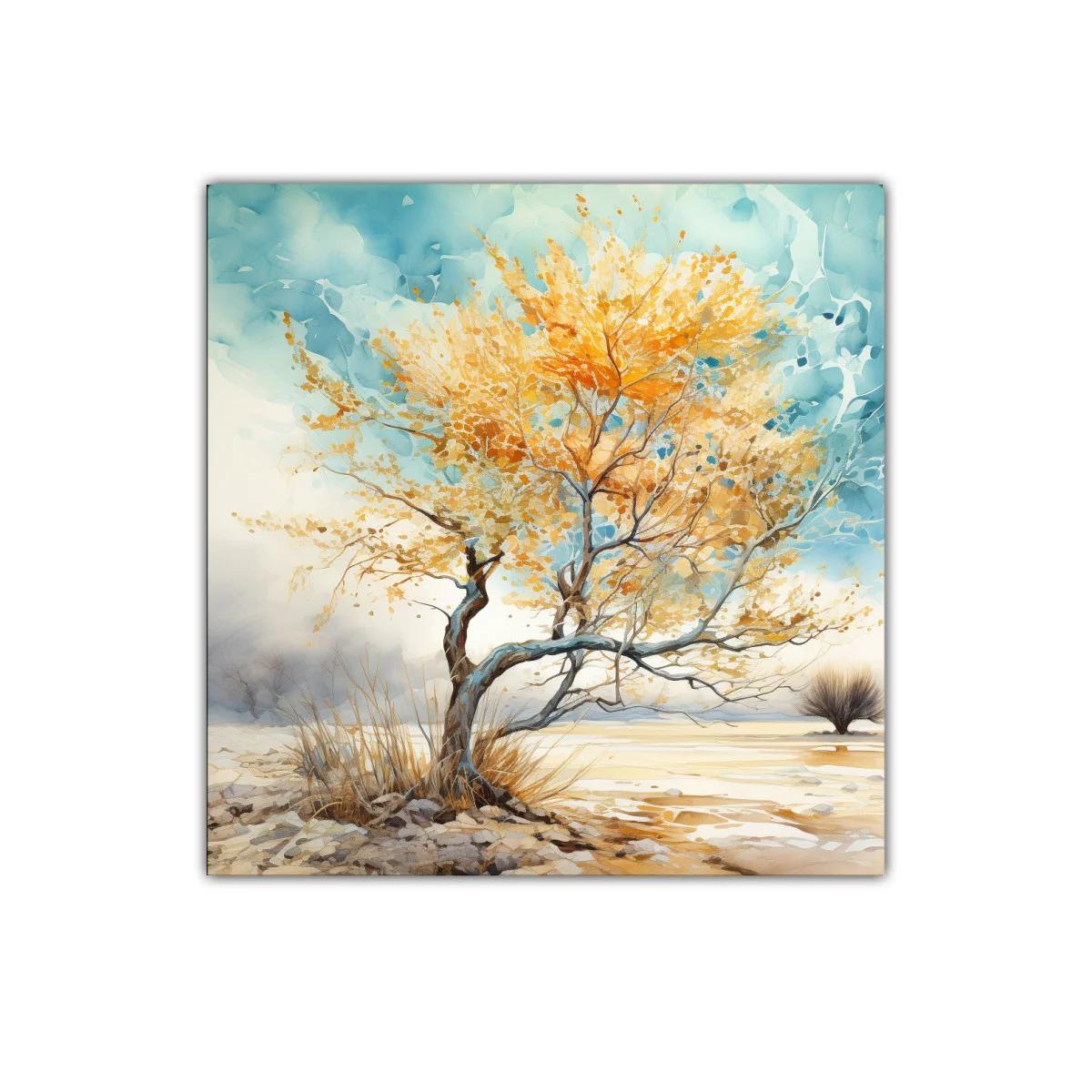 Árbol dorado en paisaje sereno con cielo azul — imagen principal