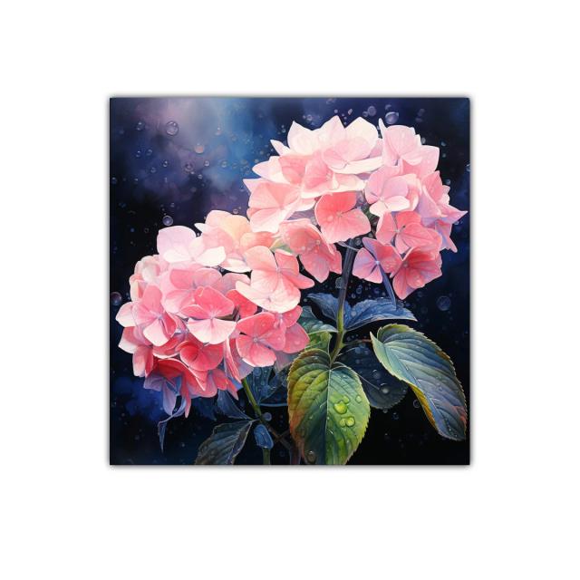 Cuadro decorativo con flores rosa y hojas verdes sobre fondo azul oscuro