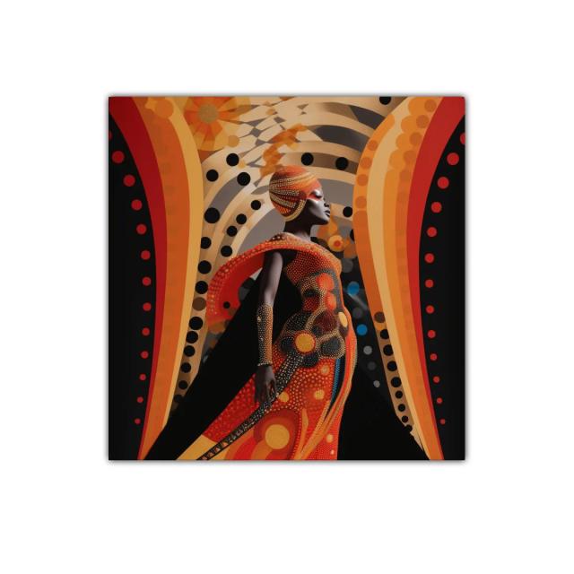 Figura femenina con colores cálidos y diseño en puntos