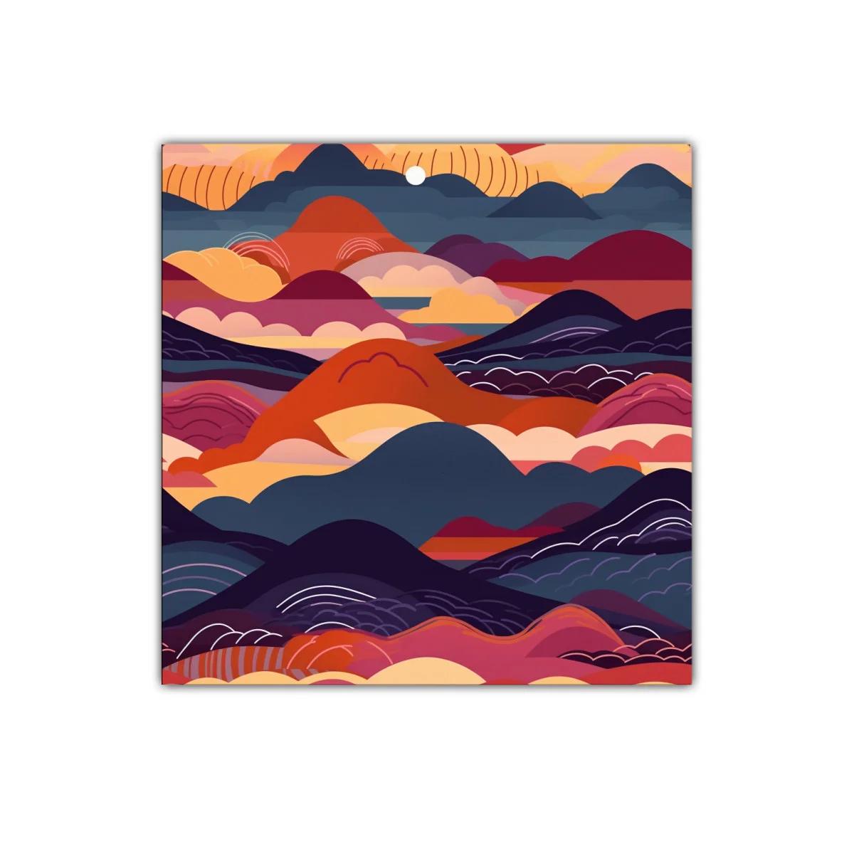 Cuadro abstracto con montañas y cielo en tonos cálidos