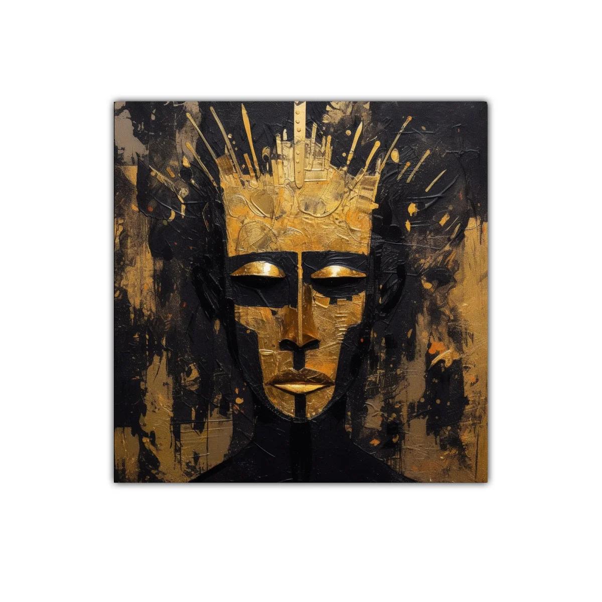 Rostro dorado con corona en contraste oscuro — imagen principal