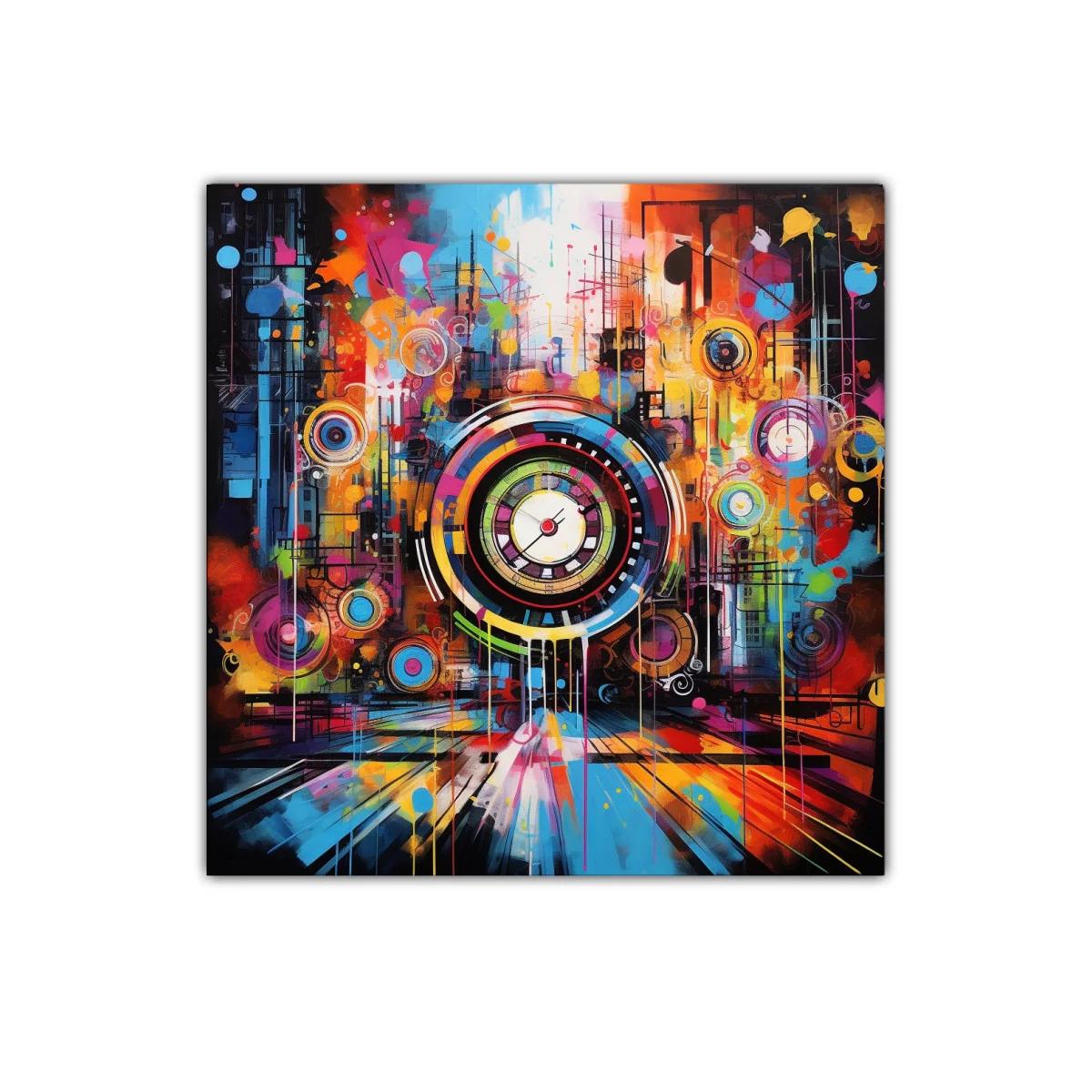 Reloj abstracto con explosión de colores vibrantes