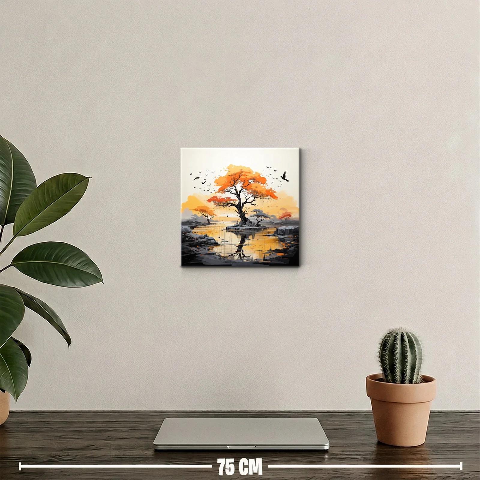Árboles en atardecer naranja reflejados en agua tranquila — miniatura 2