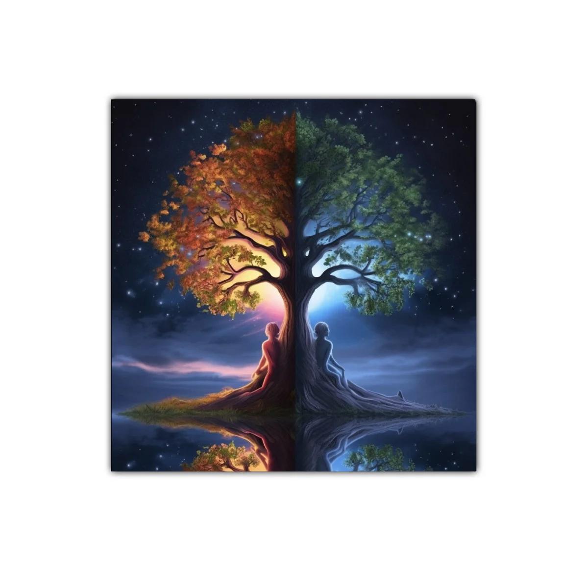 Cuadro árbol dual con figuras humanas y contraste día noche