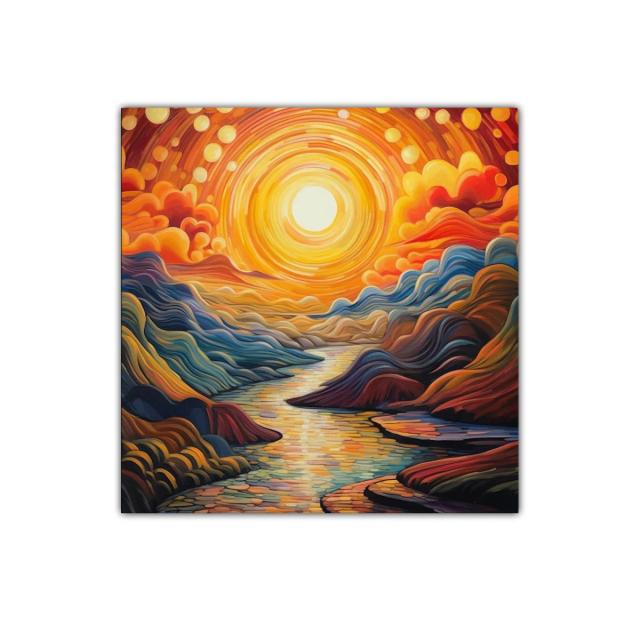 Paisaje vibrante con río iluminado por sol radiante