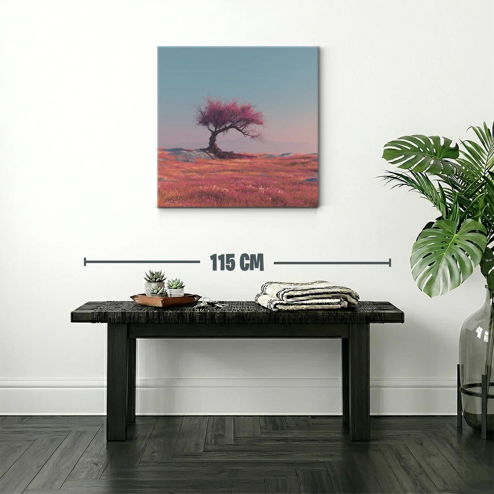 Árbol solitario en campo de flores vibrantes al amanecer — miniatura 2