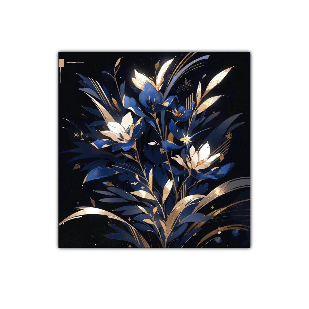 Cuadro floral elegante en tonos azules y dorados