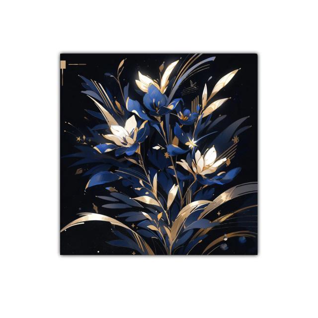 Cuadro floral elegante en tonos azules y dorados