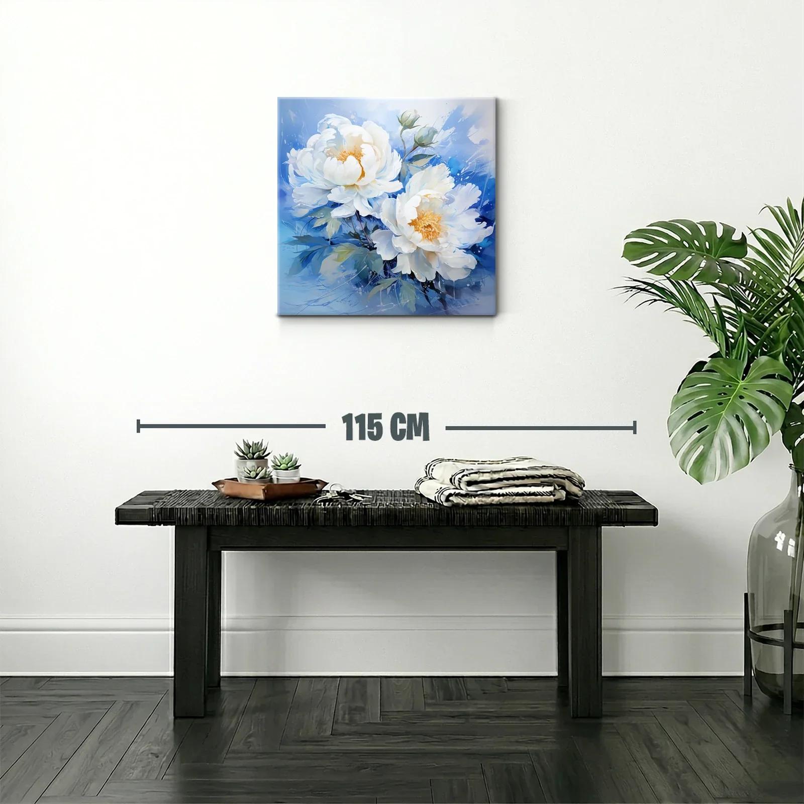 Cuadro floral con peonías blancas sobre fondo azul — miniatura 2