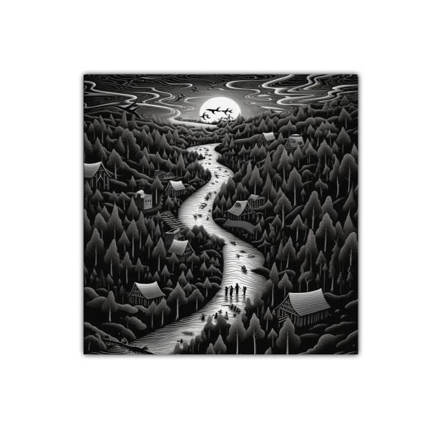 Paisaje nocturno con río y árboles bajo la luna llena