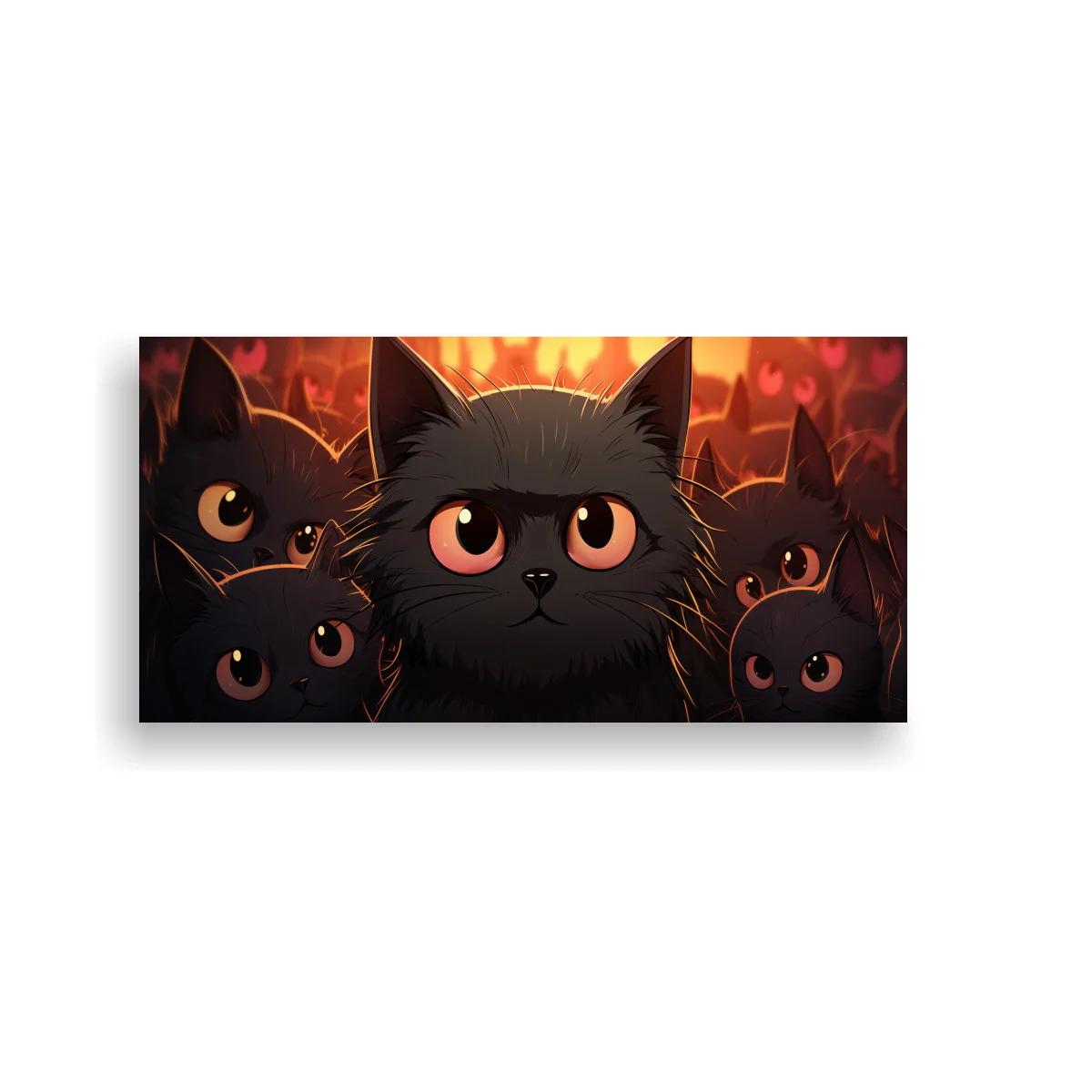 Cuadro gatito negro de ojos grandes con corazones luminosos