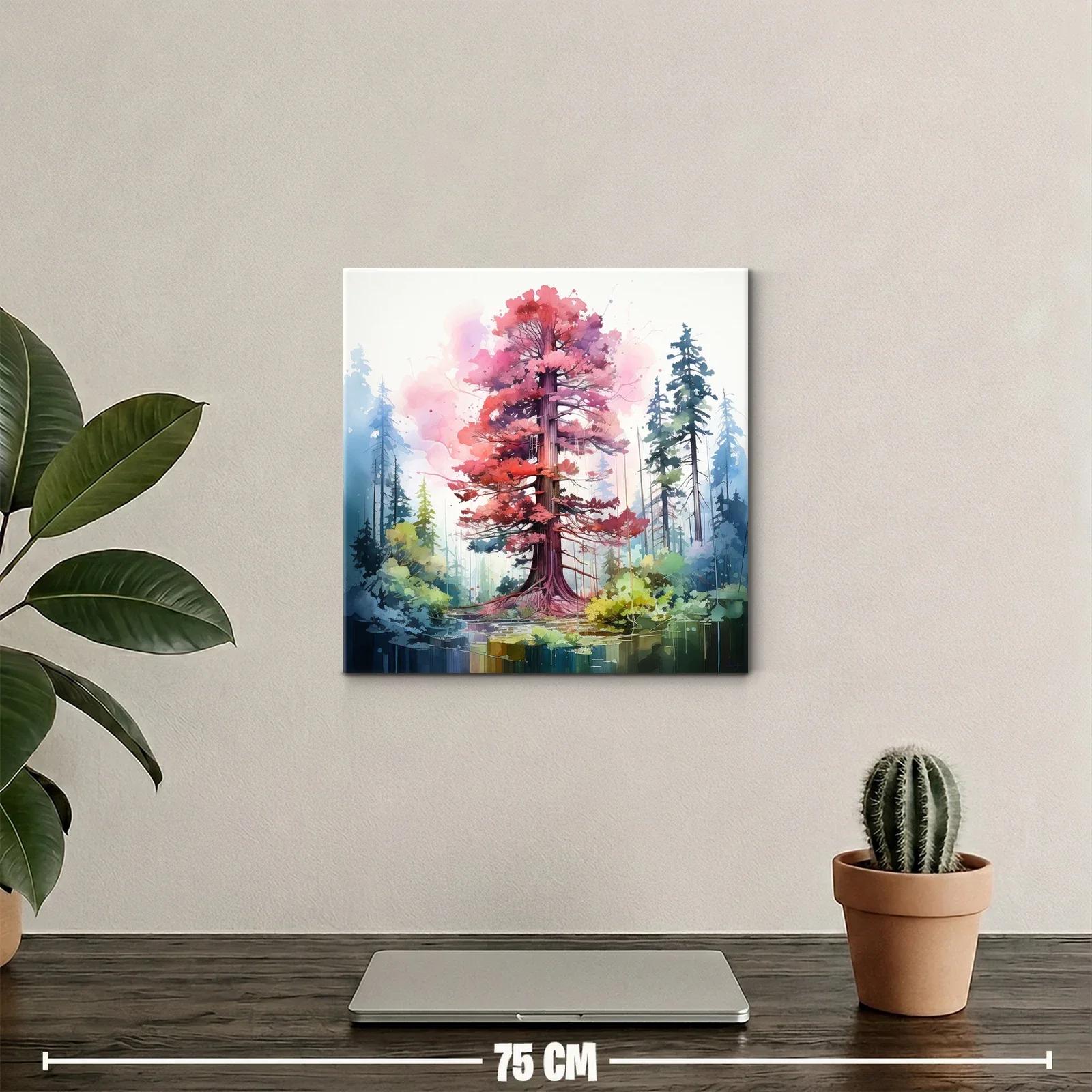 Árbol rojo vibrante en bosque estilizado y sereno — miniatura 2