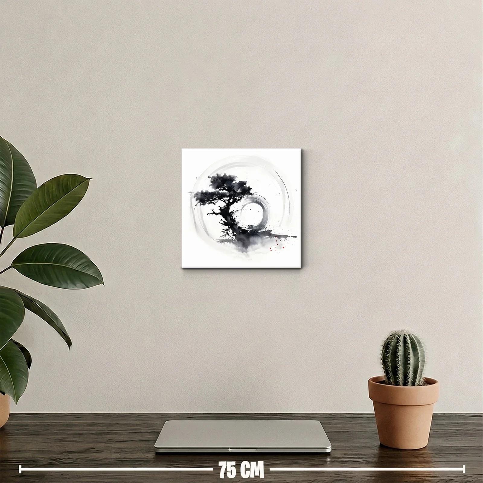 Cuadro árbol zen con círculo en tinta monocroma — miniatura 2