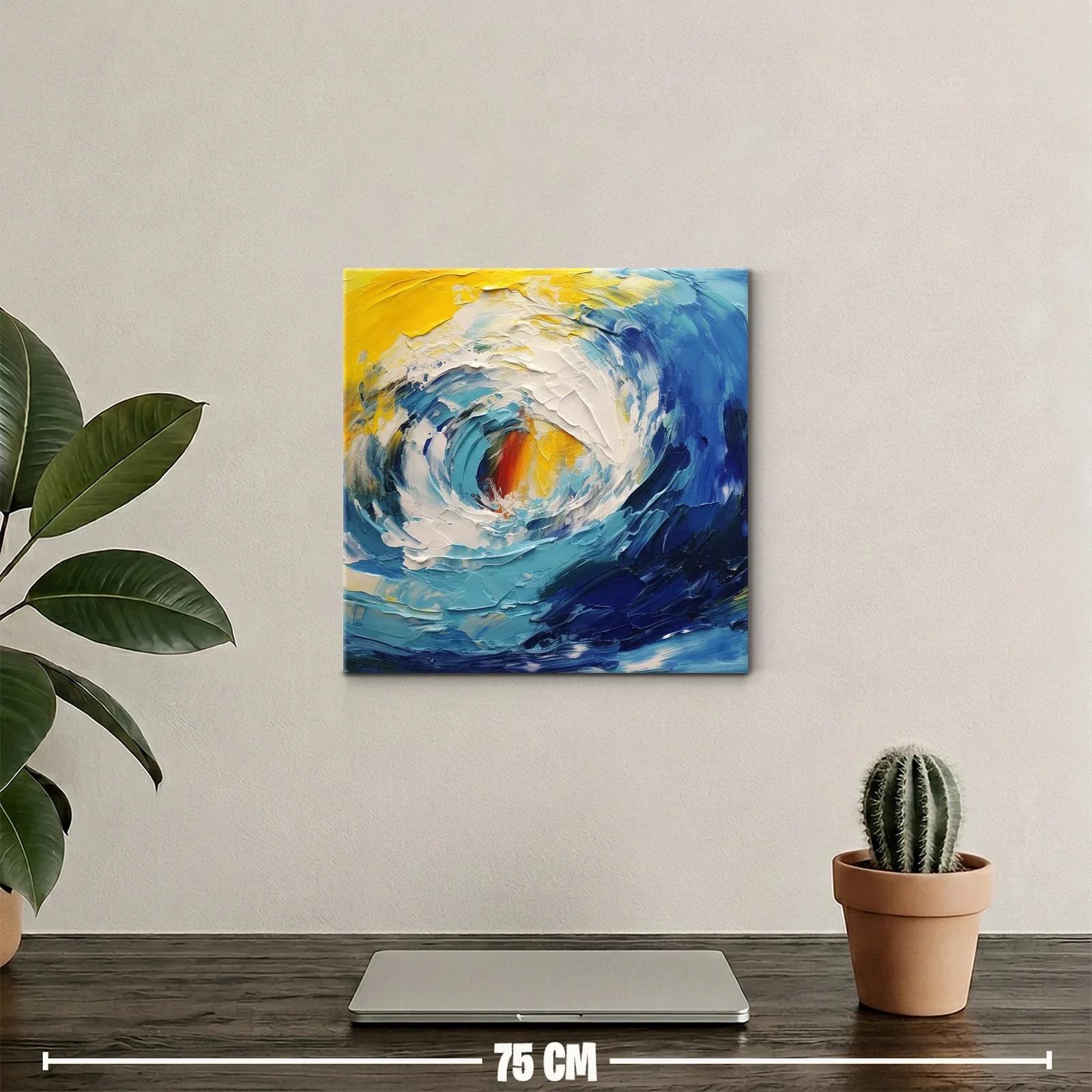 Cuadro abstracto de oleaje dinámico en tonos azul y amarillo — miniatura 2