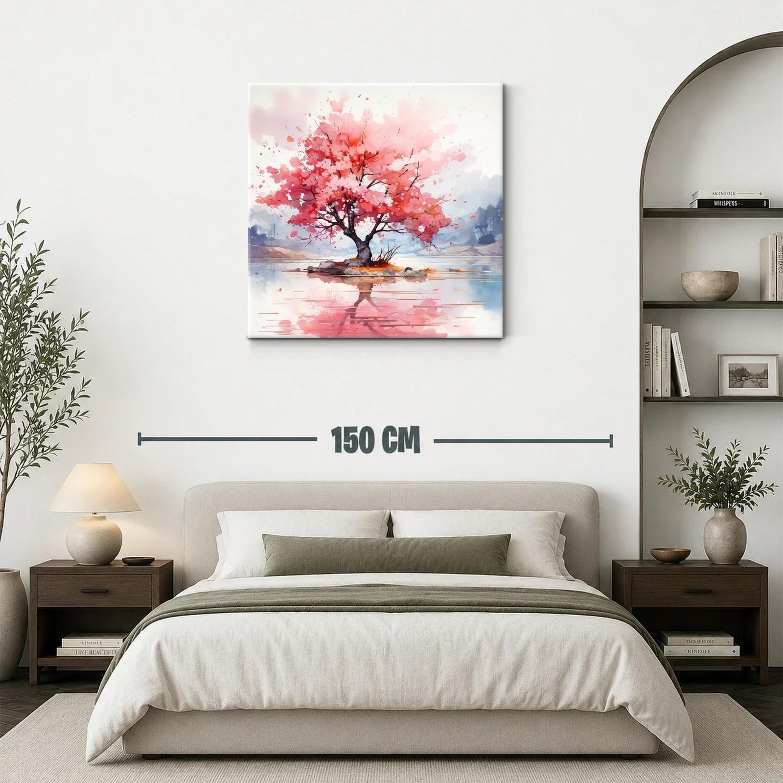 Árbol en flor rosa con reflejo en agua tranquila — miniatura 3