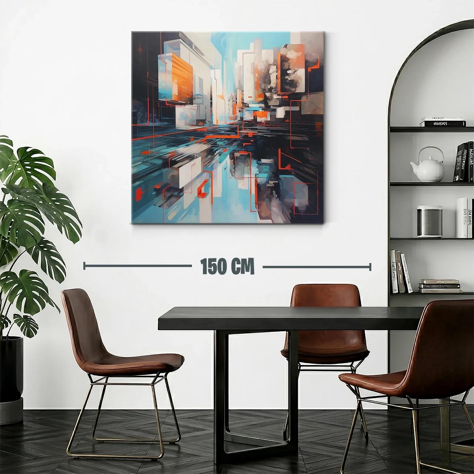 Cuadro abstracto urbano en tonos azules y naranjas vibrantes — miniatura 2