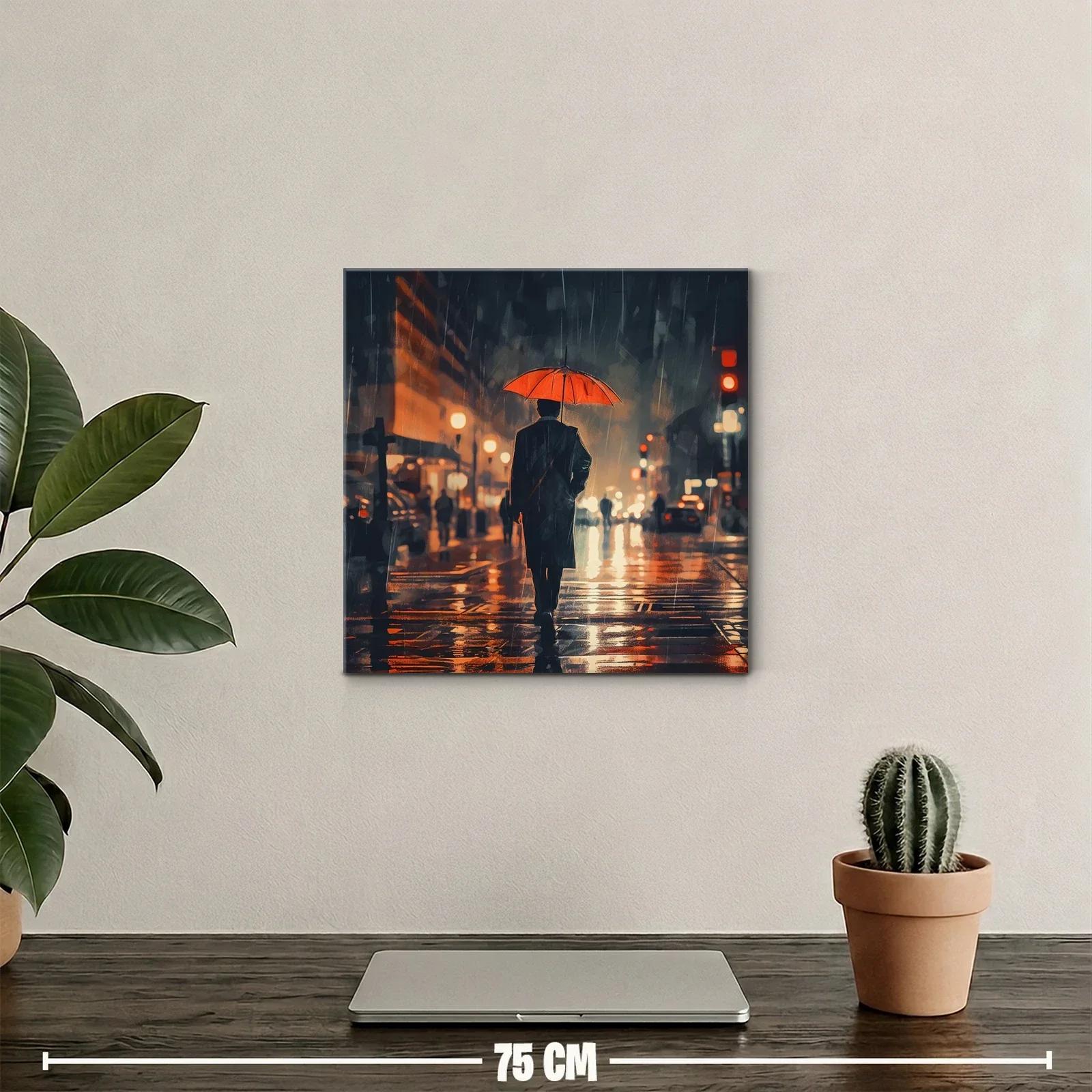 Atardecer urbano con paraguas rojo bajo la lluvia — miniatura 2