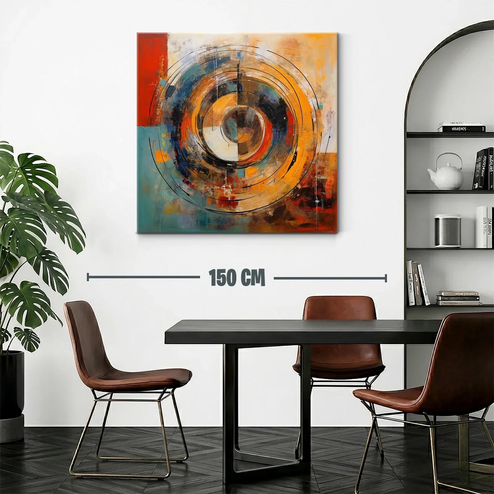 Cuadro abstracto con círculos concéntricos en tonos cálidos y fríos — miniatura 2