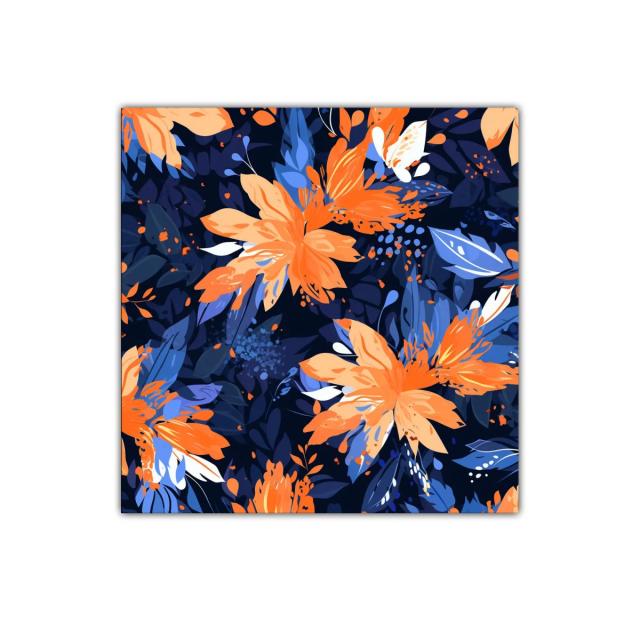 Cuadro decorativo con flores naranja y azul en fondo oscuro