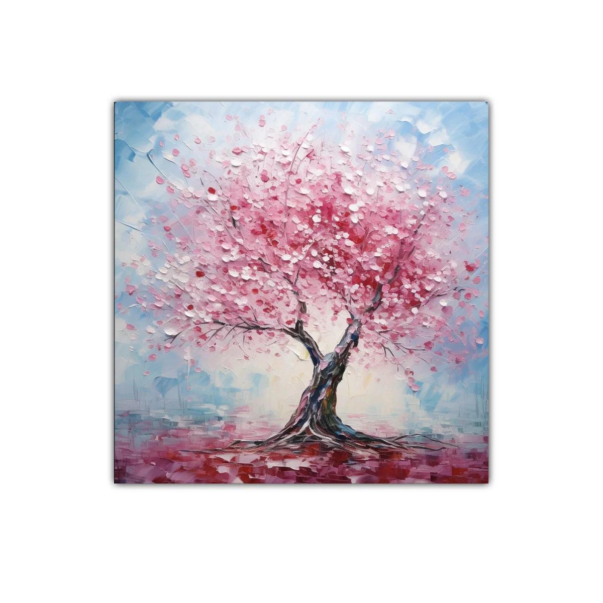 Árbol de flores rosas con fondo azul y rojo vibrante
