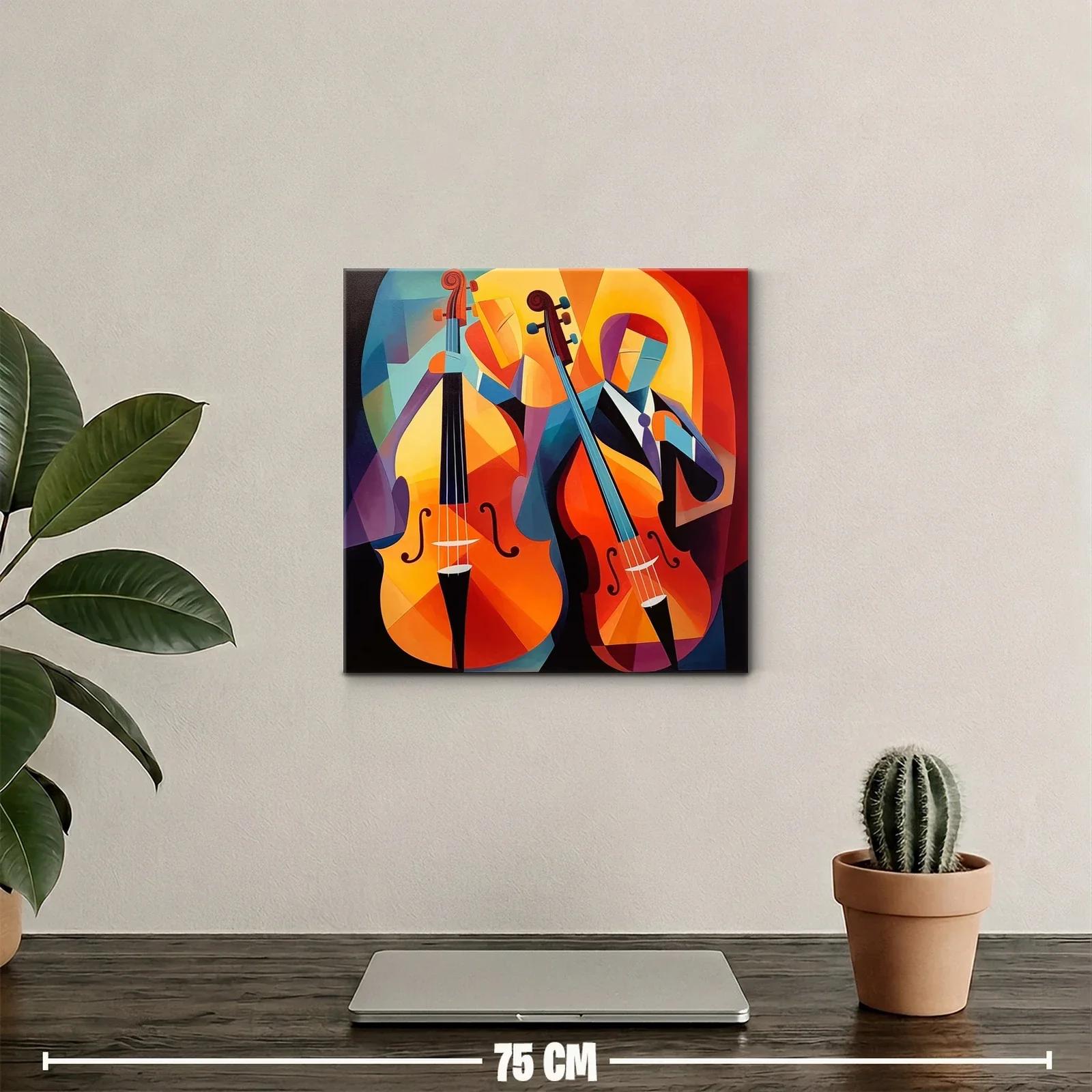 Cuadro vibrante con músicos y violonchelos en tonos cálidos — miniatura 2