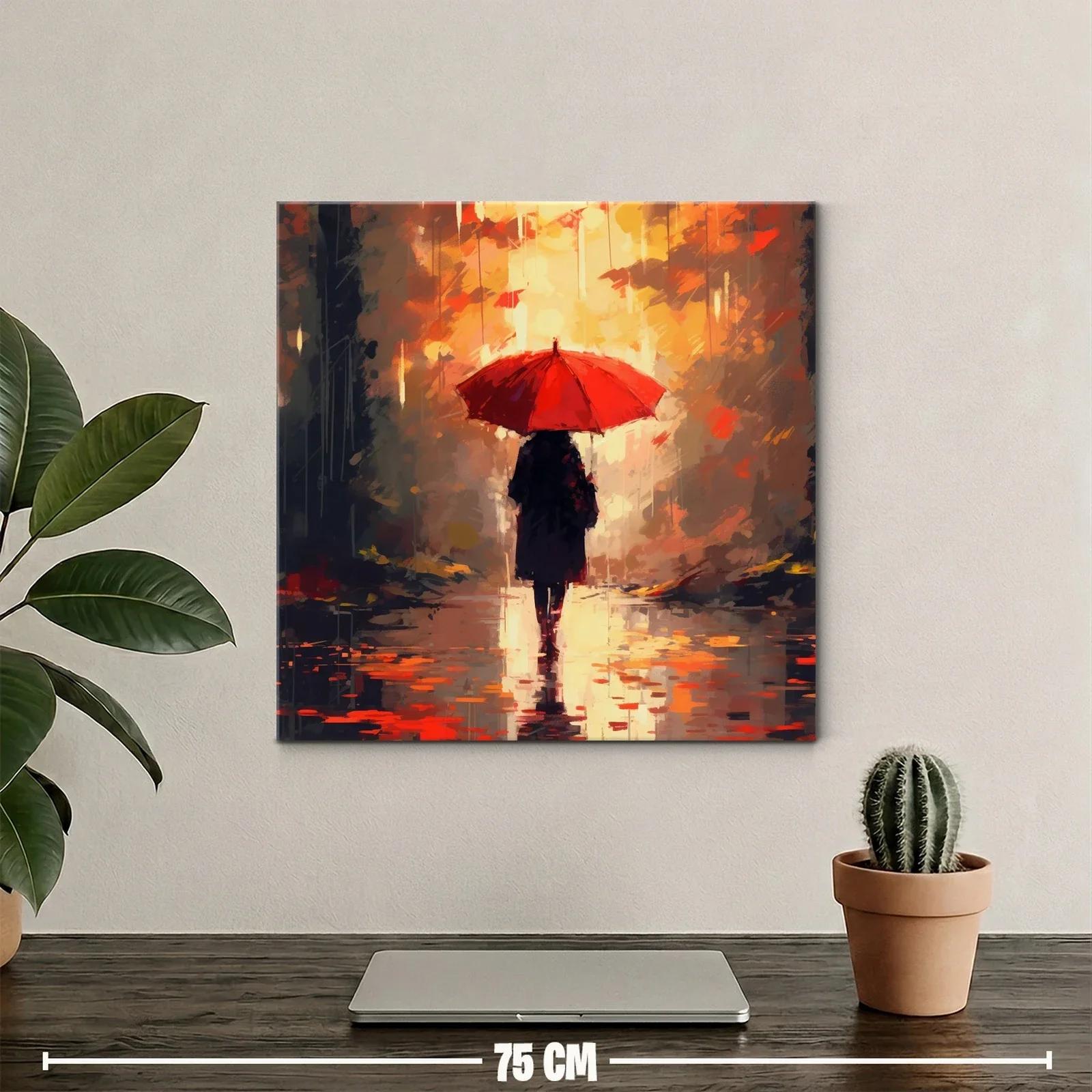 Caminante bajo paraguas rojo en paisaje otoñal — miniatura 2