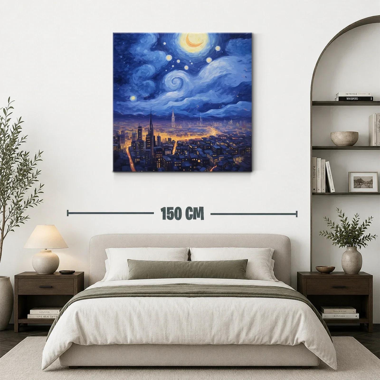 Ciudad nocturna iluminada bajo un cielo estrellado y luna creciente — miniatura 3