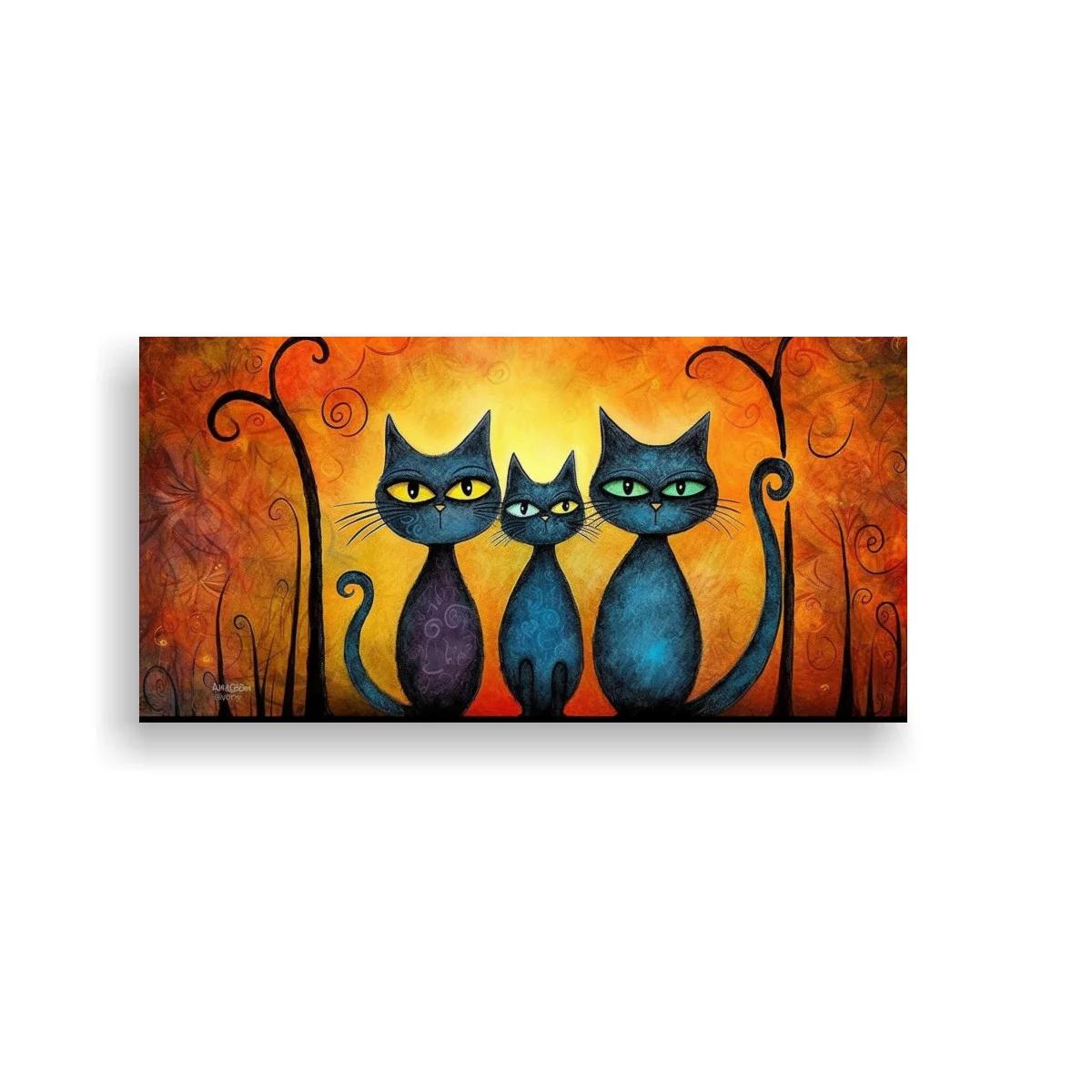 Cuadro tres gatos negros de ojos grandes con colas curvadas — imagen principal