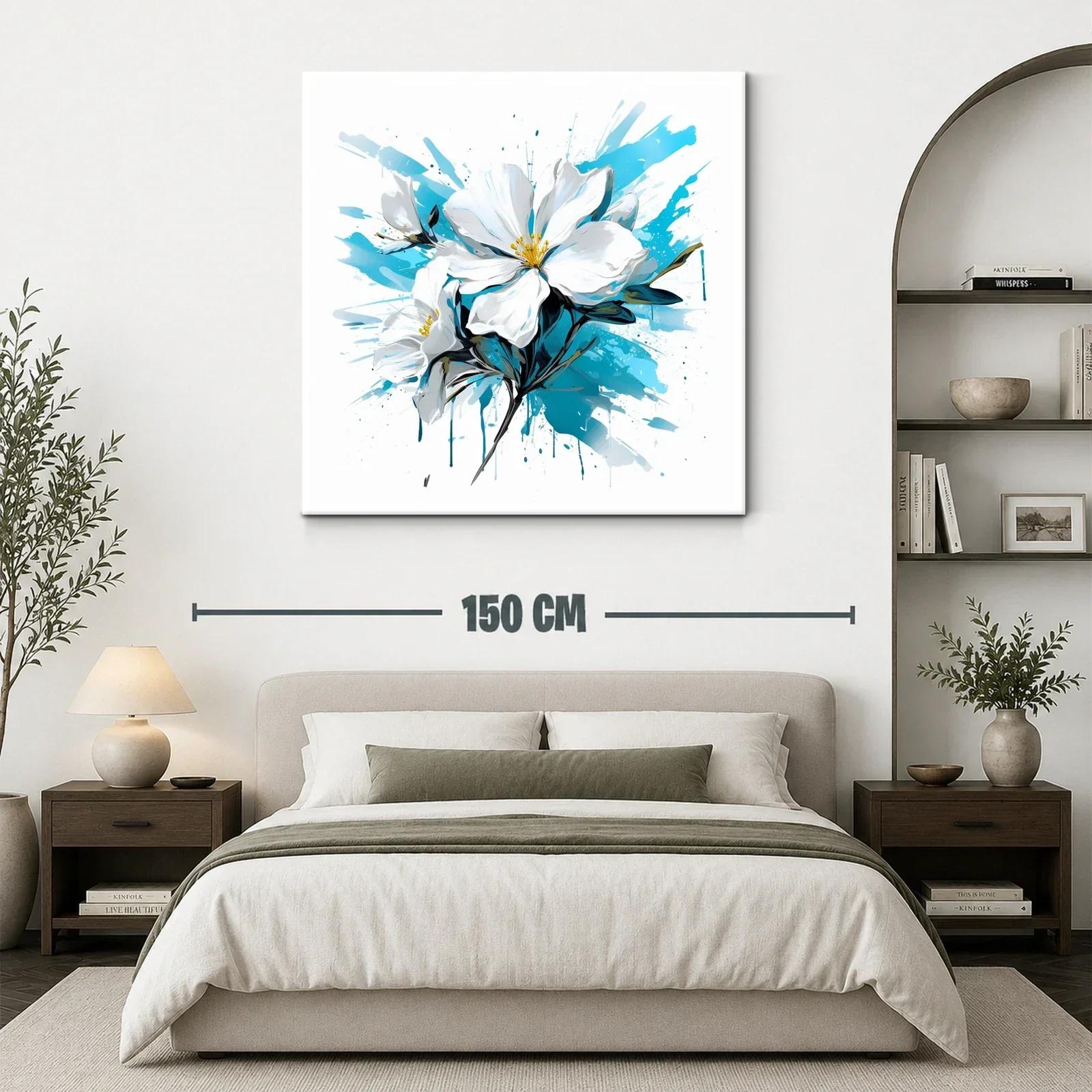 Cuadro con flores blancas y fondo azul vibrante — miniatura 3