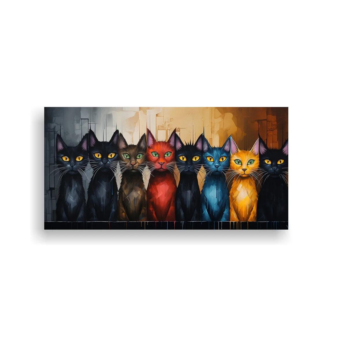 Cuadro grupo de gatos en fila con fondo geométrico