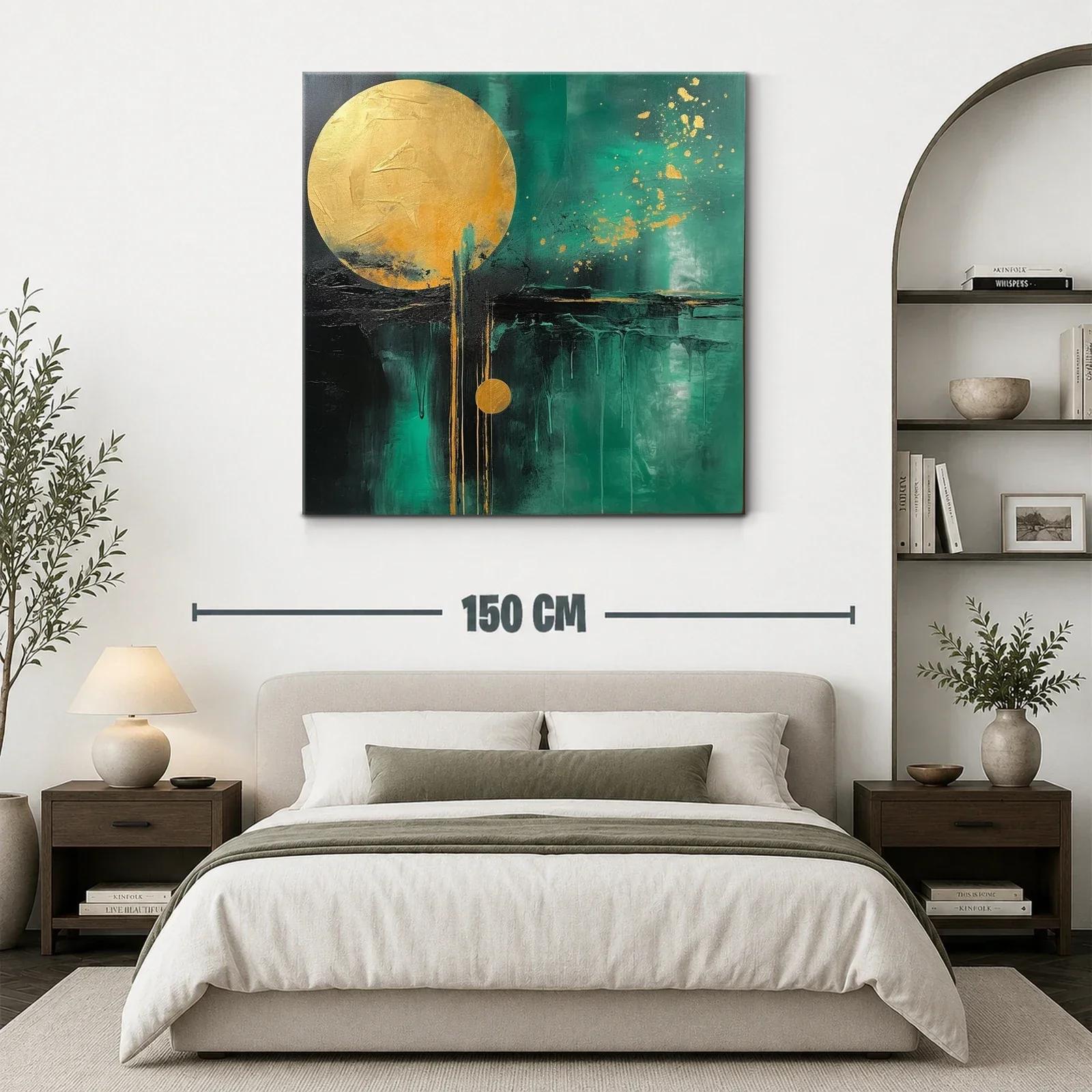 Cuadro abstracto con círculos dorados y fondo verde intenso — miniatura 3