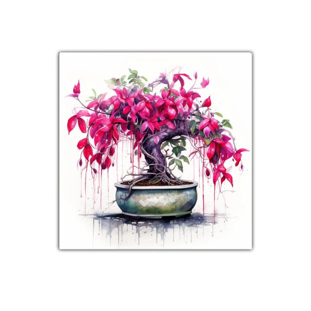 Cuadro decorativo con bonsái de hojas fucsias vibrantes