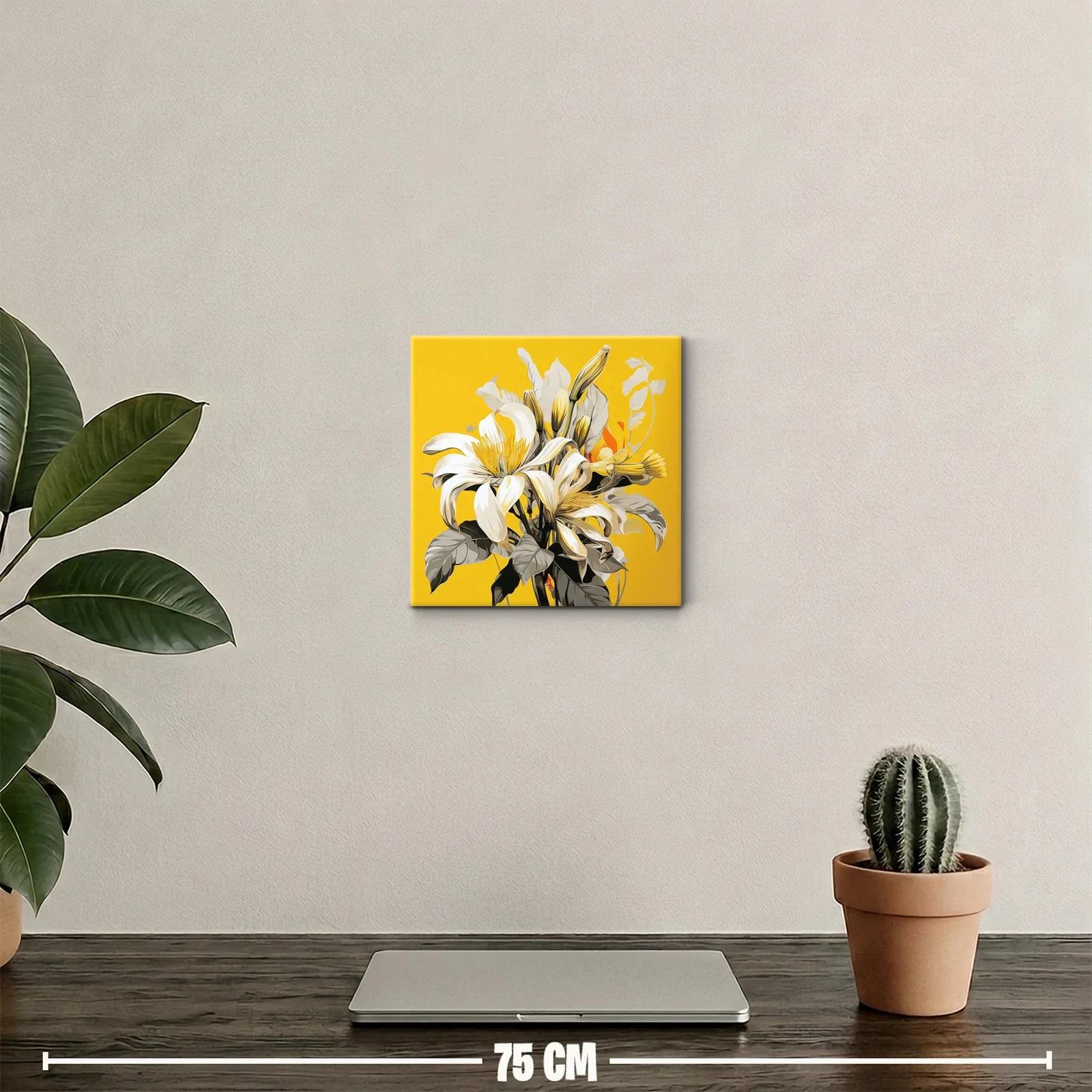Cuadro floral con lirios blancos sobre fondo amarillo vibrante — miniatura 2
