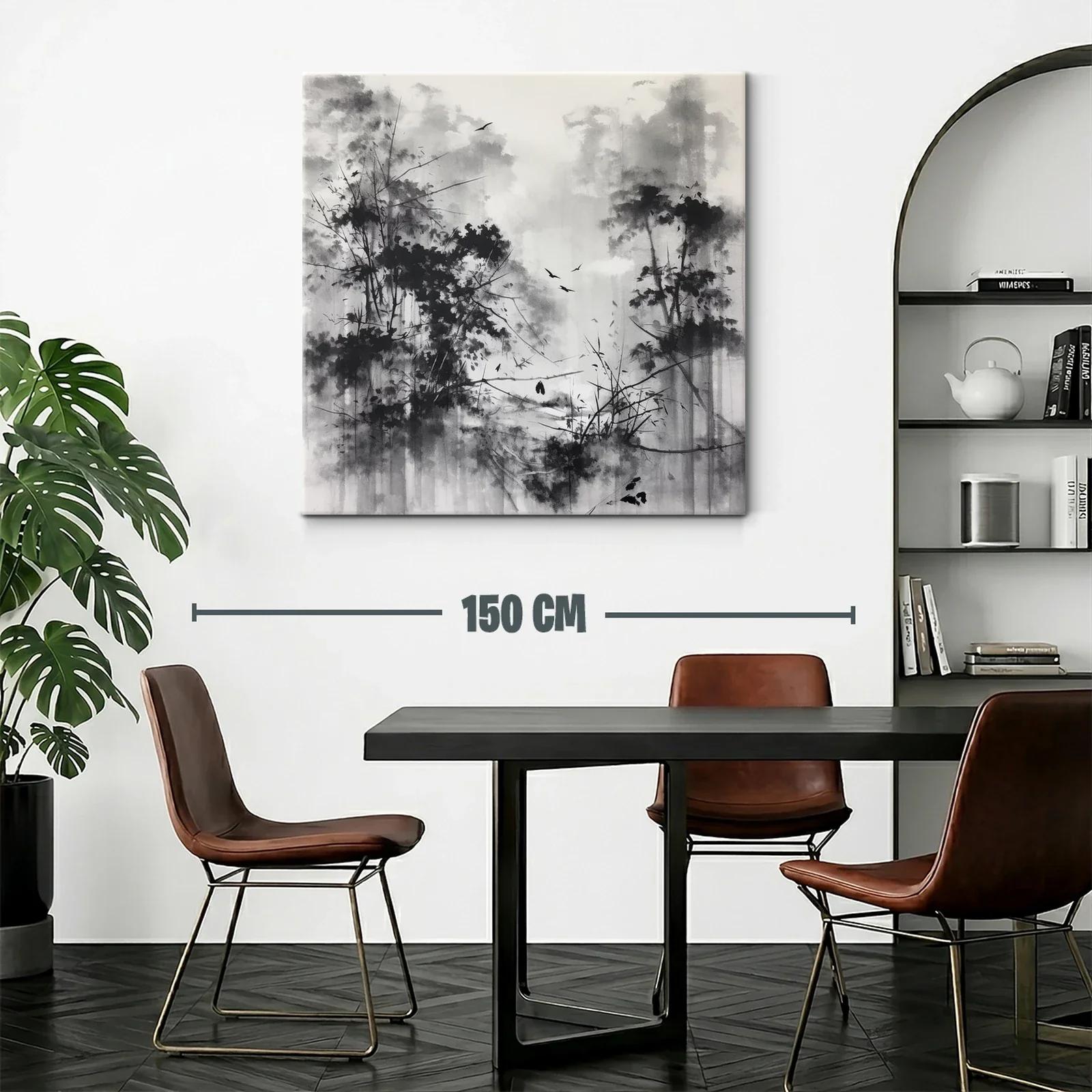 Bosque brumoso con aves en tonos grises y negros — miniatura 2