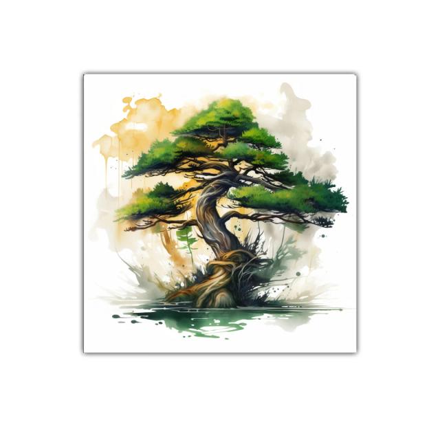 Árbol bonsái con tonos verdes y dorados en acuarela moderna