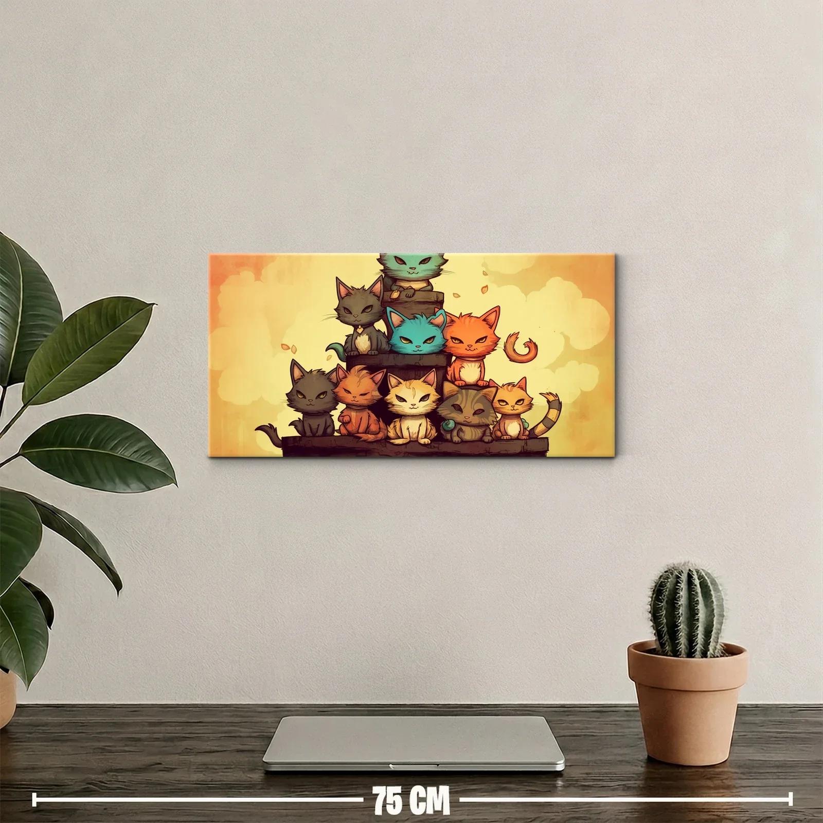 Cuadro grupo de gatos kawaii sobre repisa oscura — miniatura 2