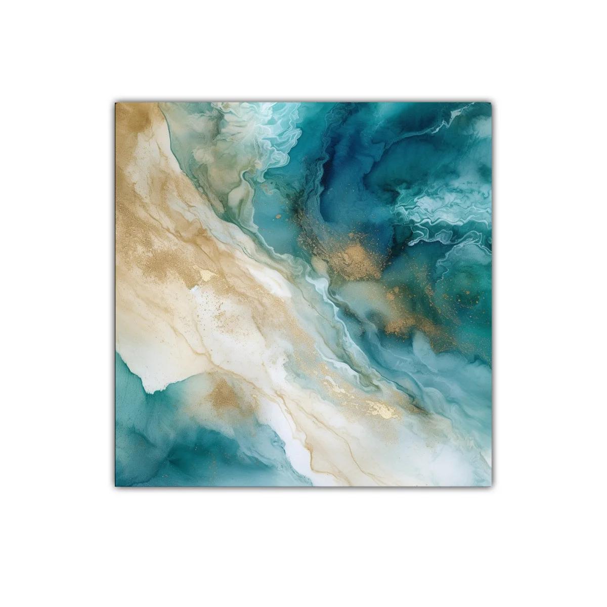 Cuadro abstracto con tonos turquesa y dorados elegantes — miniatura 1