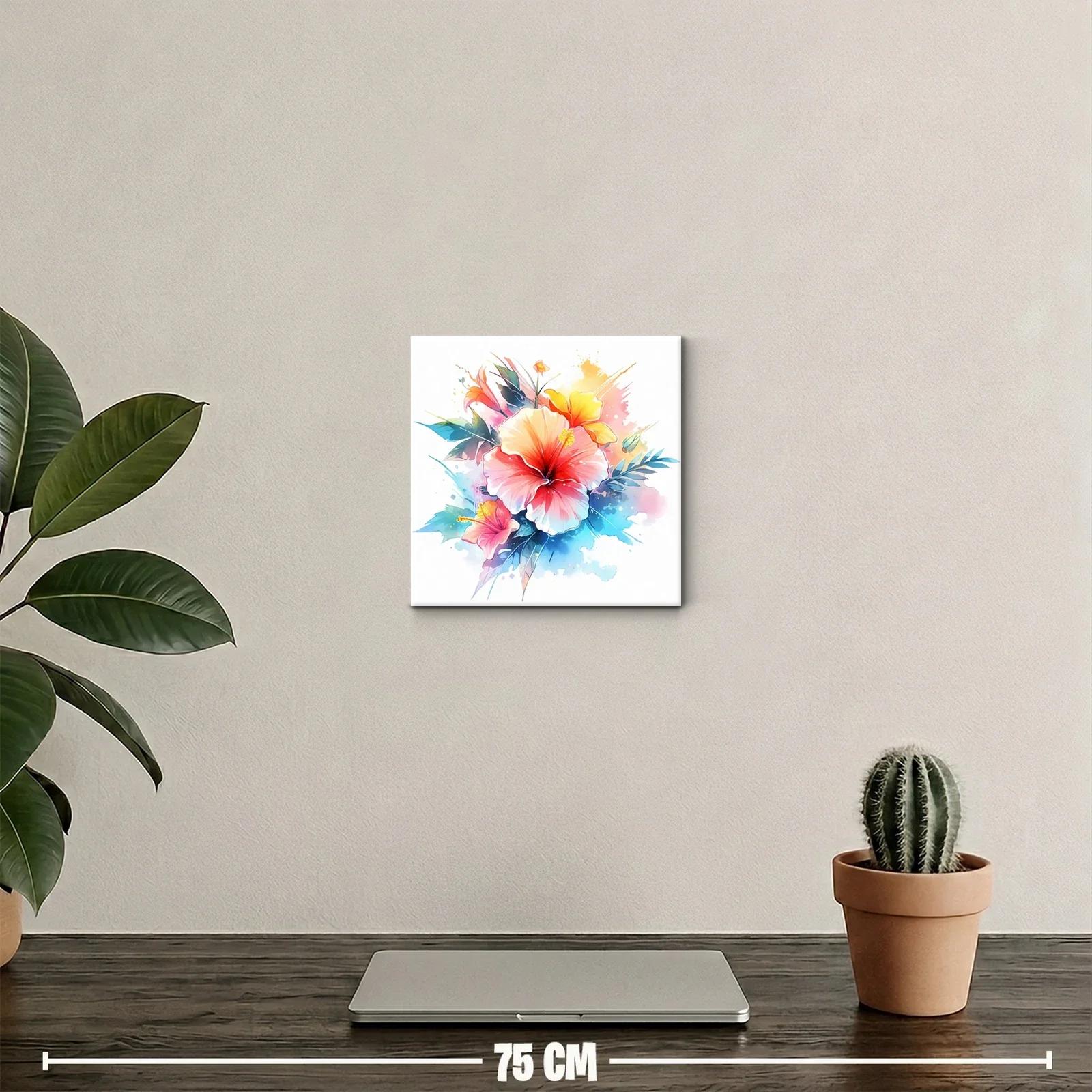 Cuadro floral con hibiscos vibrantes y hojas coloridas — miniatura 2