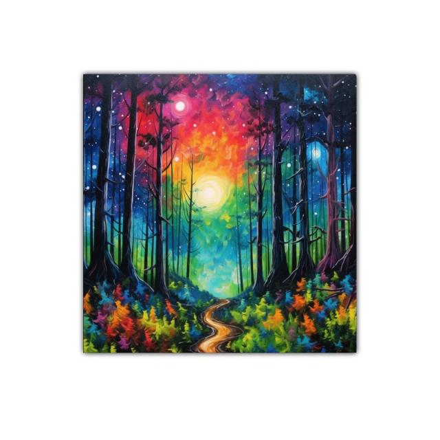 Paisaje forestal vibrante con cielo multicolor y camino luminoso