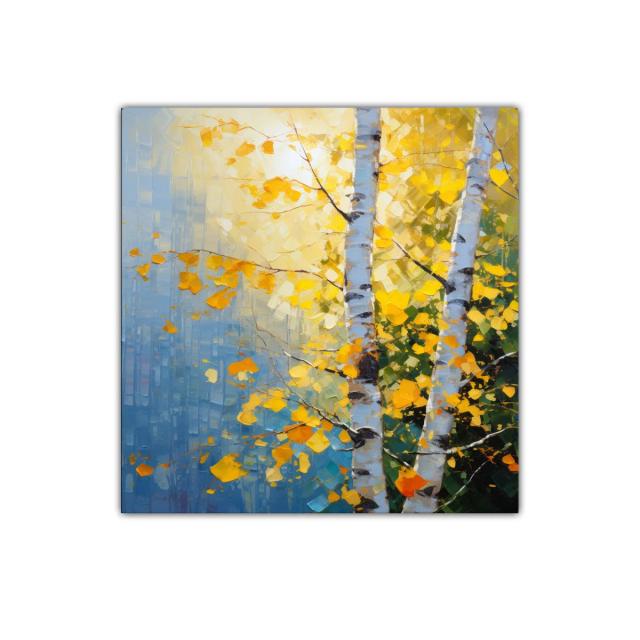 Cuadro con árboles de otoño en tonos cálidos y azules