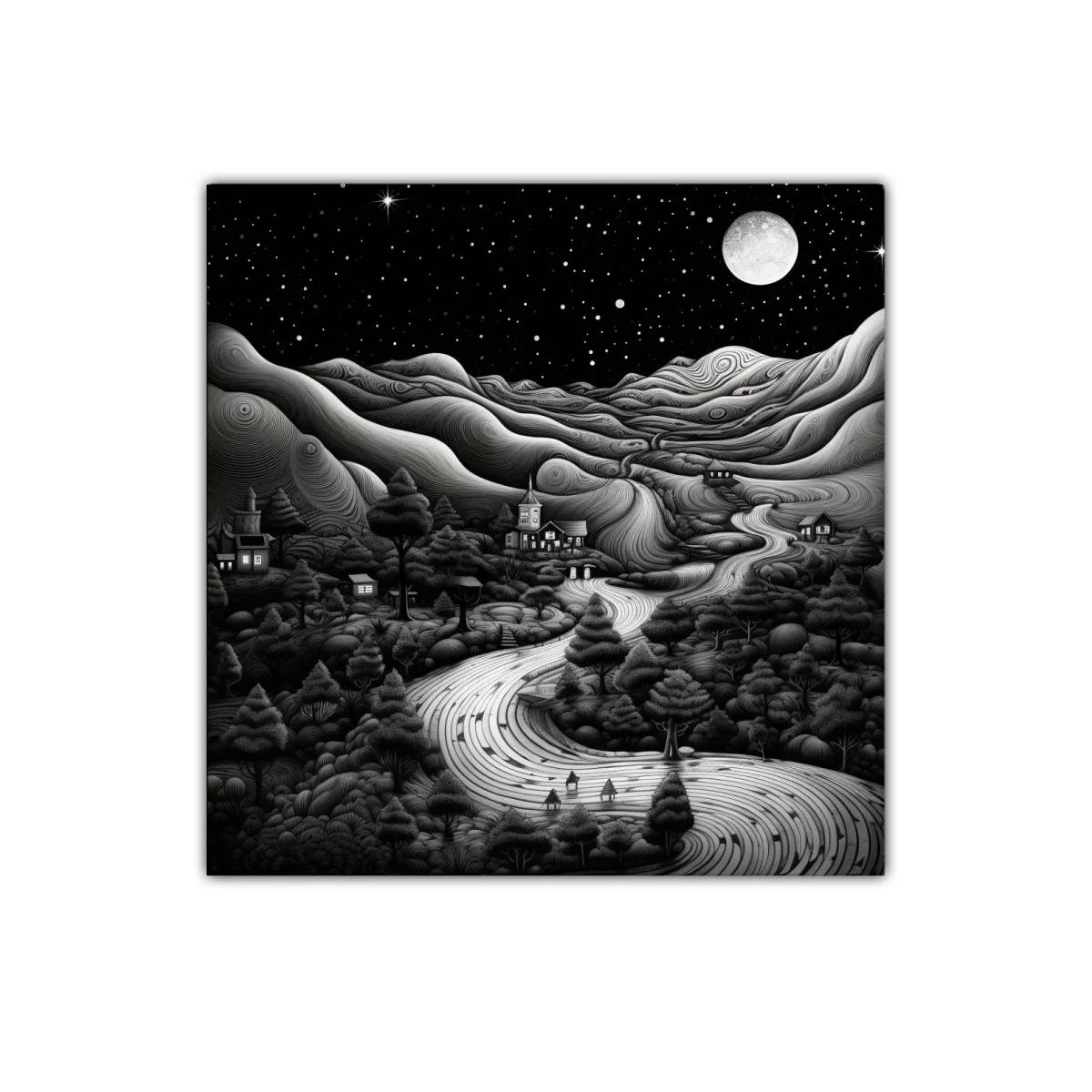 Paisaje nocturno con río serpenteante y luna llena brillante