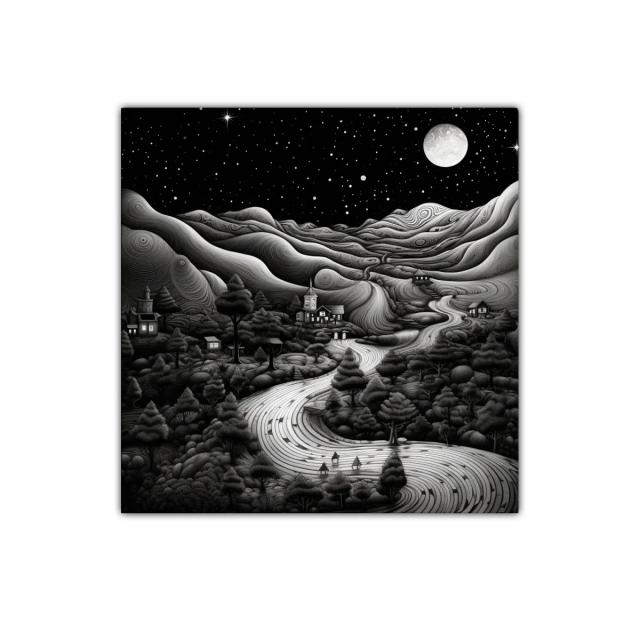 Paisaje nocturno con río serpenteante y luna llena brillante