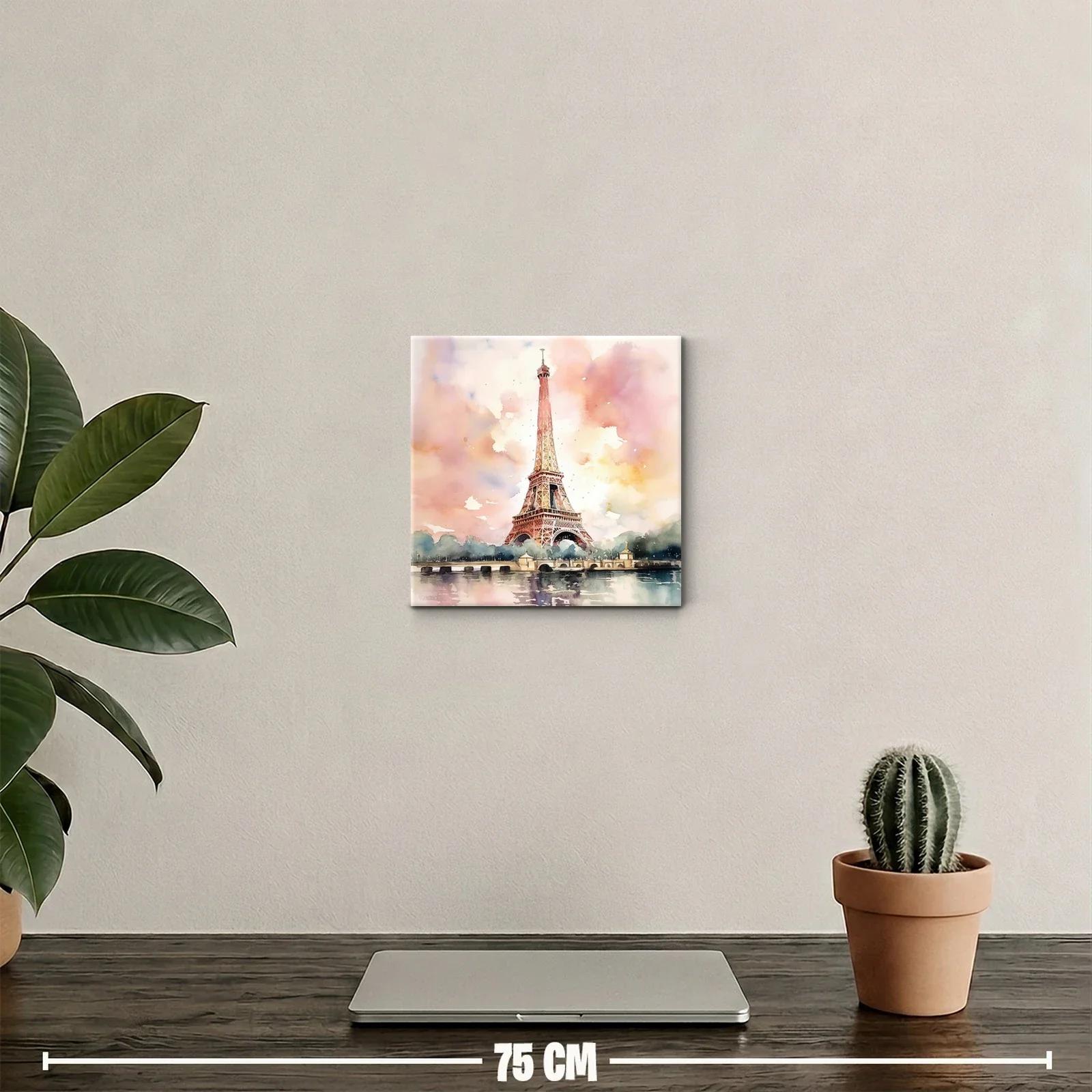 Cuadro decorativo con Torre Eiffel en acuarela rosa y dorado — miniatura 2