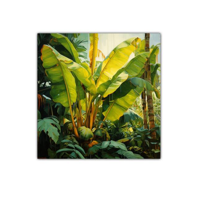 Cuadro tropical con exuberantes hojas verdes iluminadas