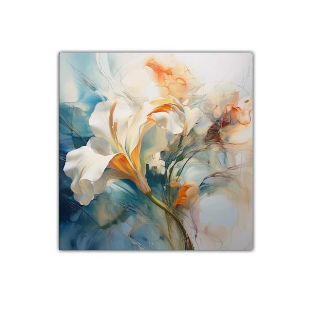 Cuadro decorativo con lirios suaves en tonos azul y naranja