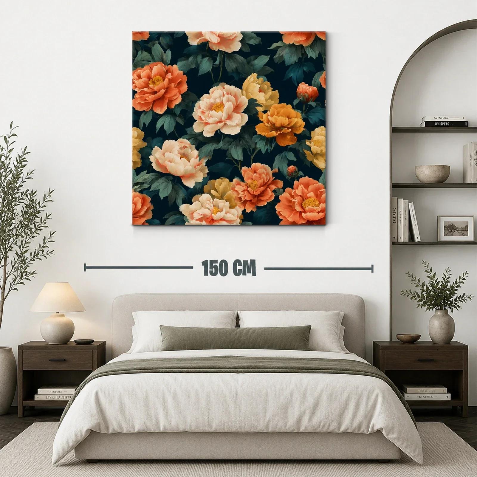 Cuadro floral con peonías en tonos cálidos y fondo oscuro — miniatura 3