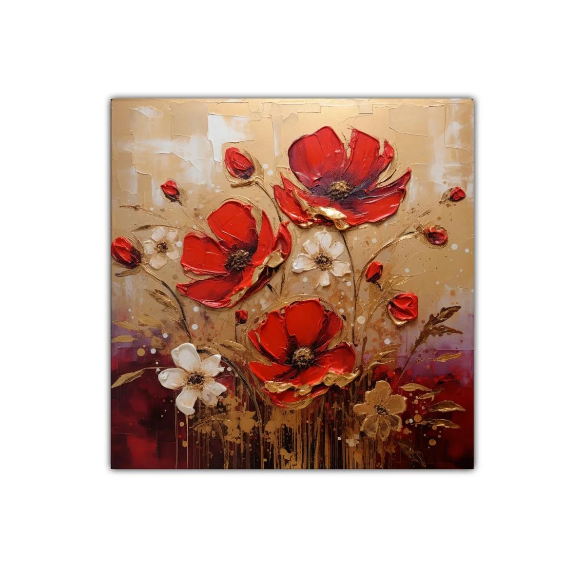 Cuadro decorativo con flores rojas y tonos dorados vivos — imagen principal