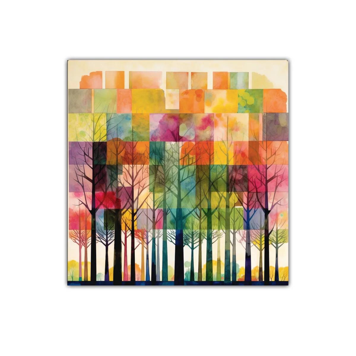 Bosque multicolor con texturas y formas geométricas
