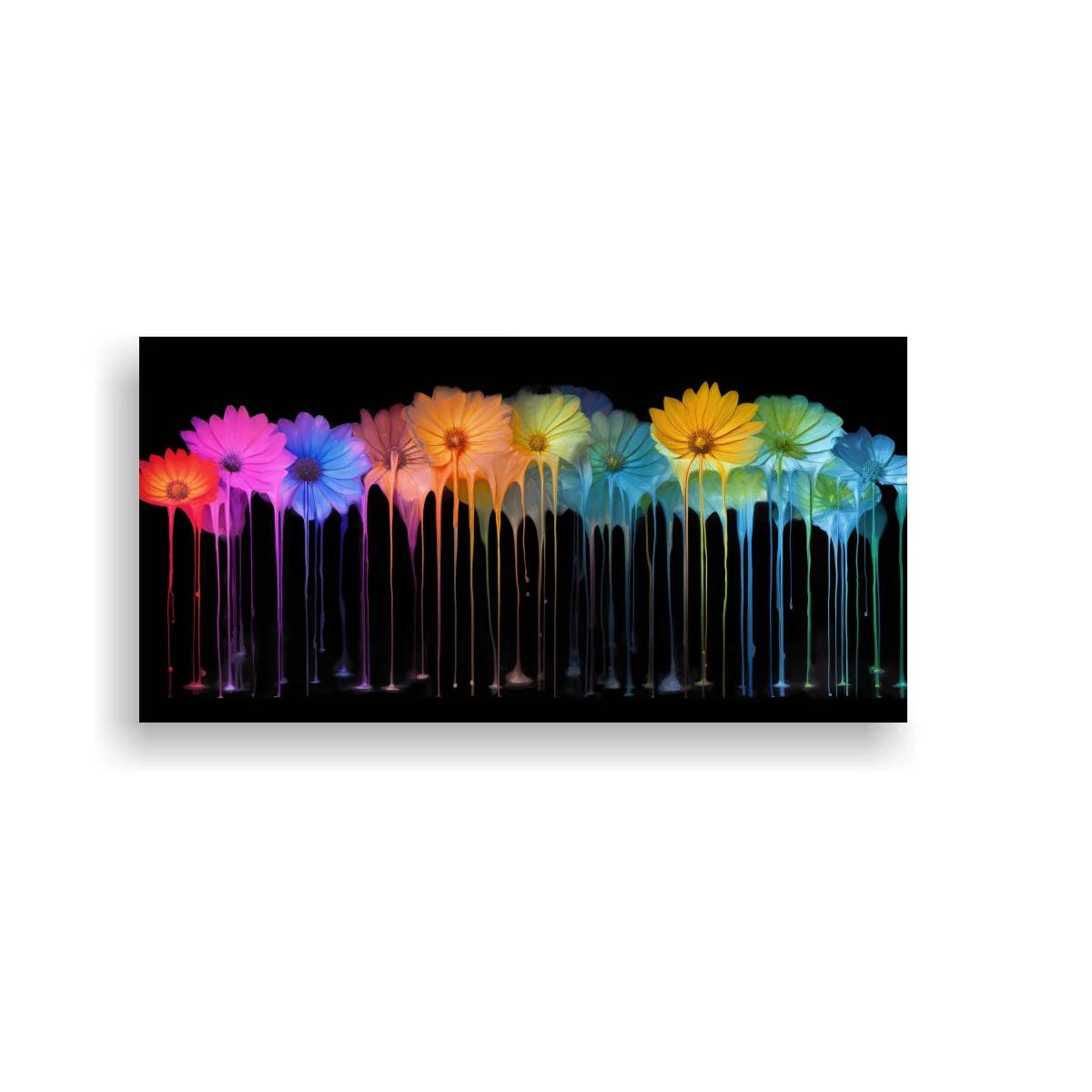 Cuadro margaritas de colores con goteo sobre fondo negro — imagen principal