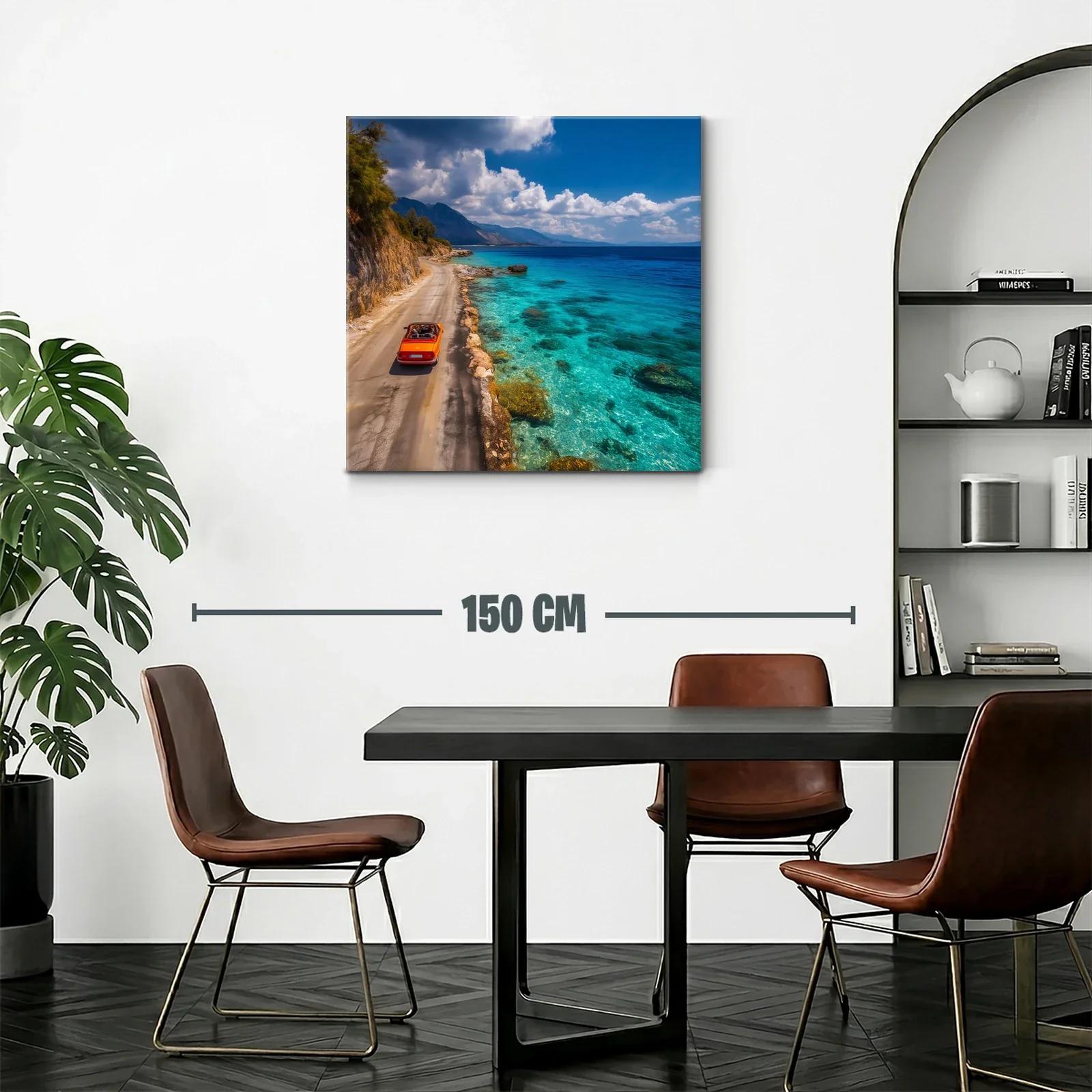Paisaje costero con coche rojo y mar turquesa brillante — miniatura 2